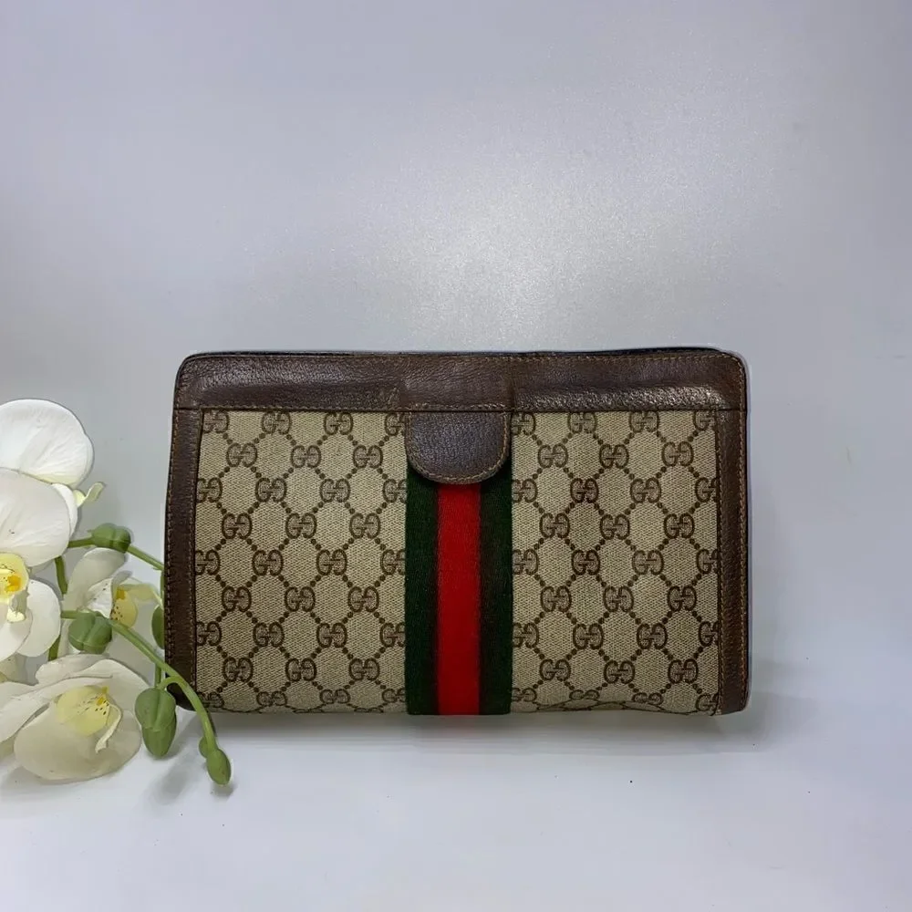 💎Gorgeous💎 Authentic GUCCI Web Sherry Line GG Logo Canvas/Leather Clut…